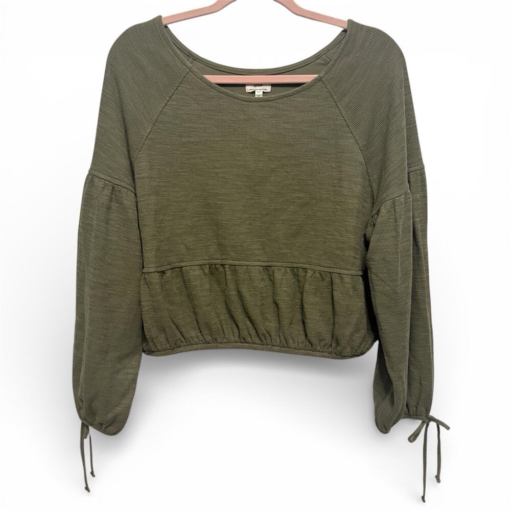 Aerie Endless Summer Cropped Sweatshirt Size Small Green Tie Sleeve Boho Relaxed